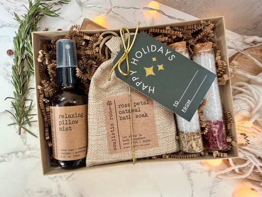 Christmas Spa Gift Set with Pillow Mist Rose Petal Oatmeal Bath Soak & Festive Bath Salts with Essential Oils for Relaxation-0