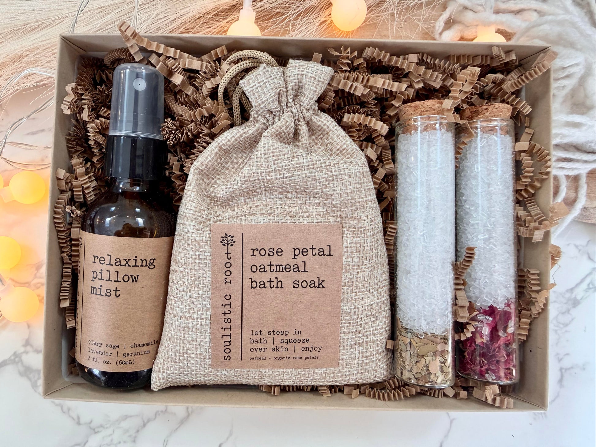 Christmas Spa Gift Set with Pillow Mist Rose Petal Oatmeal Bath Soak & Festive Bath Salts with Essential Oils for Relaxation-1